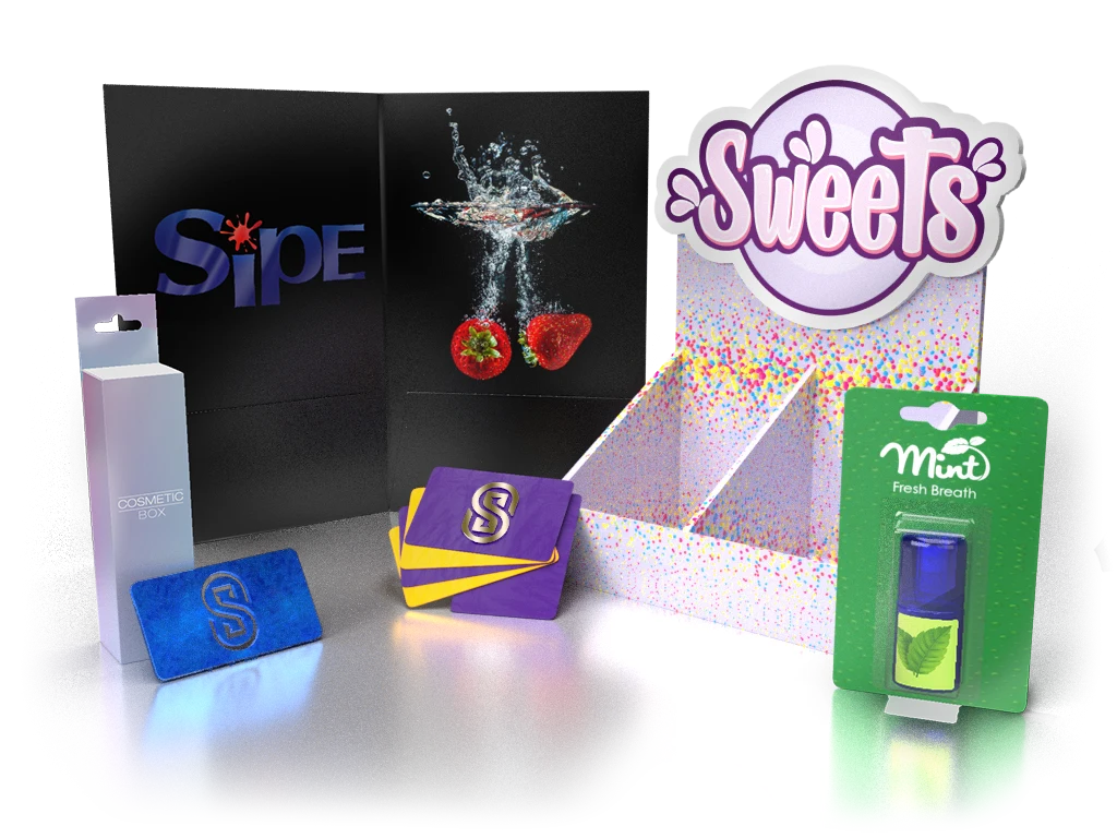 Sipe print samples including packaging, foil-stamped cards and a retail display